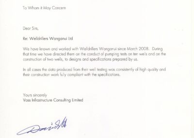 Scanned reference letter from Voss Infrastructure Consulting Limited about WellDrillers Wanganui pump testing work