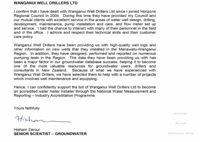 Scanned client reference letter for WellDrillers Wanganui