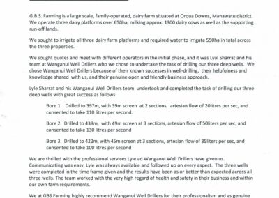 Scanned reference letter from GBS Farming Ltd about WellDrillers Wanganui